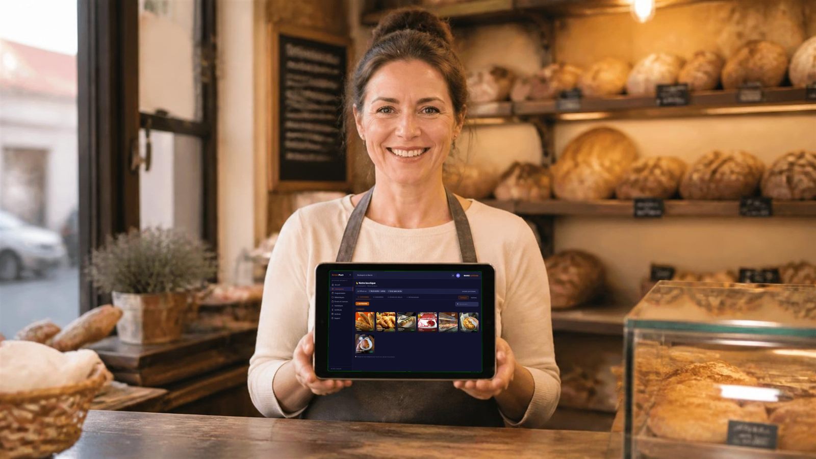 Commerçante tenant une tablette ouverte sur son catalogue ScreenPush