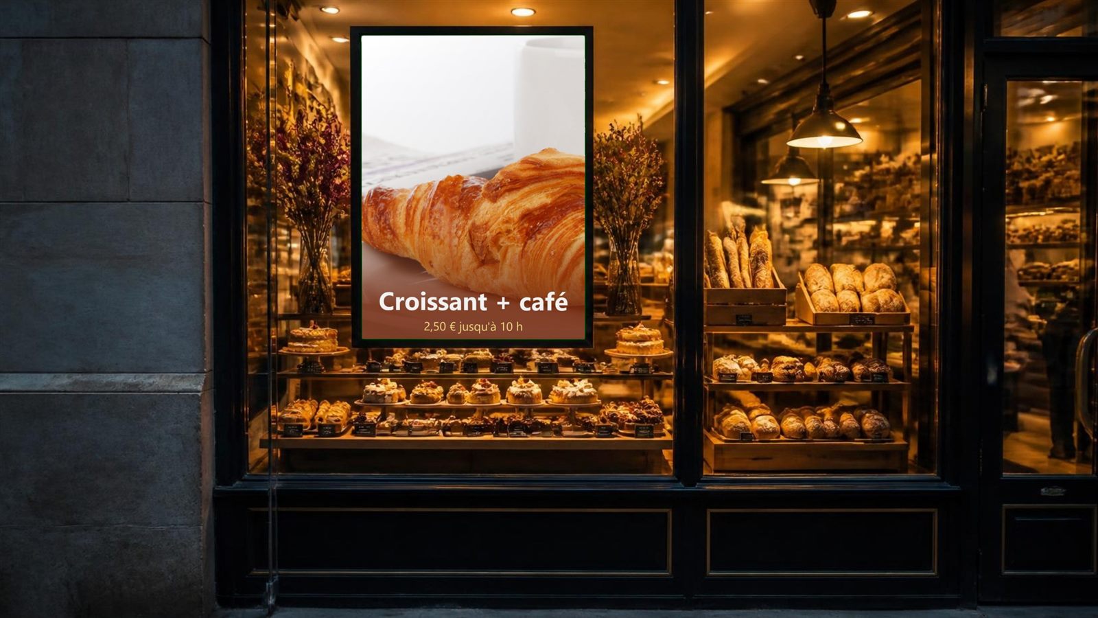 Écran vertical dans la vitrine d une pâtisserie