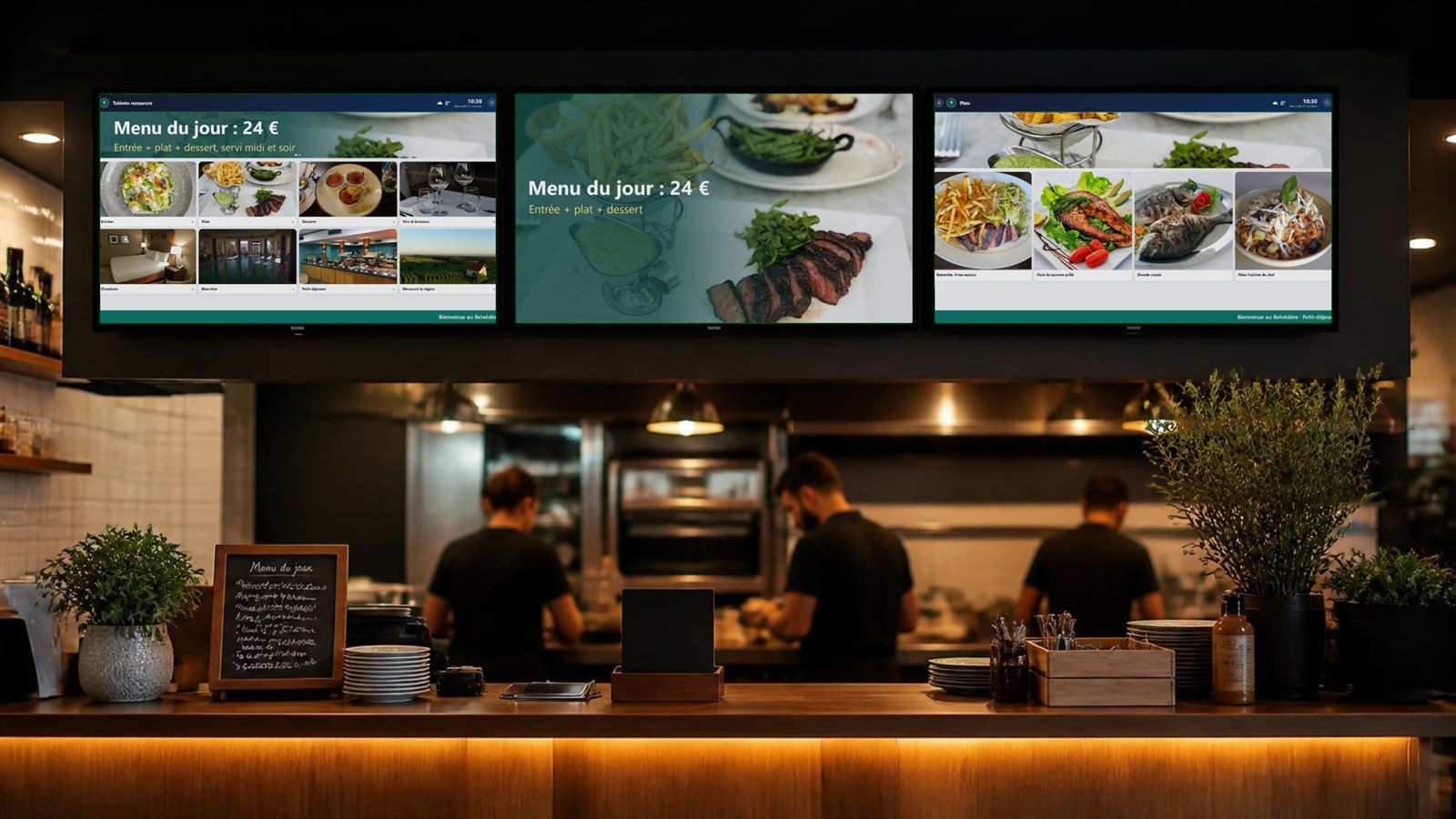 Écrans de menu au-dessus du comptoir d un restaurant