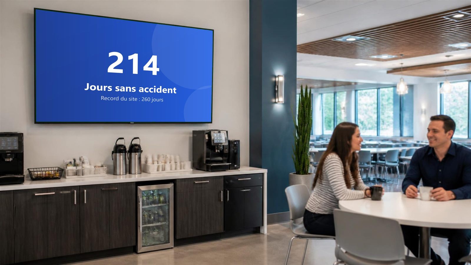 Écran de salle de pause affichant le nombre de jours sans accident