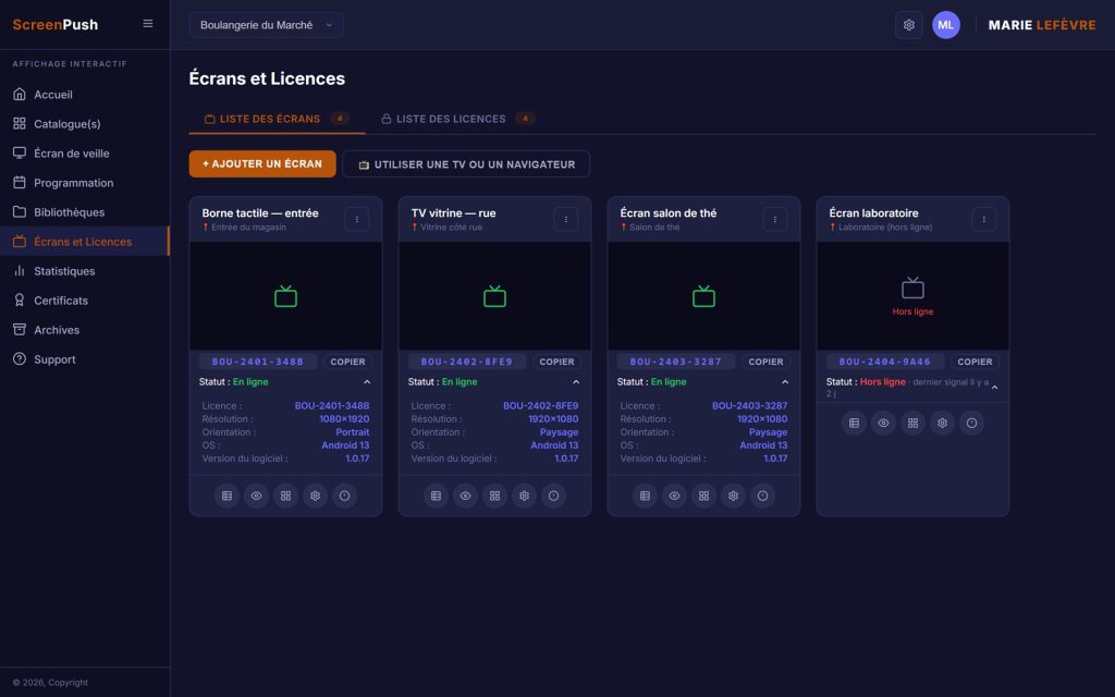 Gestion des écrans ScreenPush : statut en ligne, licence, résolution, version