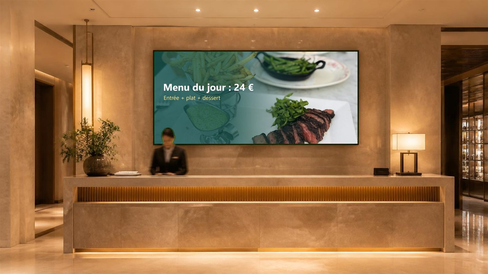 Écran derrière la réception d un hôtel affichant le menu du jour