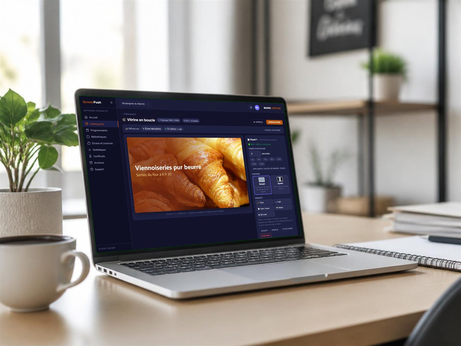 Ordinateur portable ouvert sur l éditeur de scénario ScreenPush