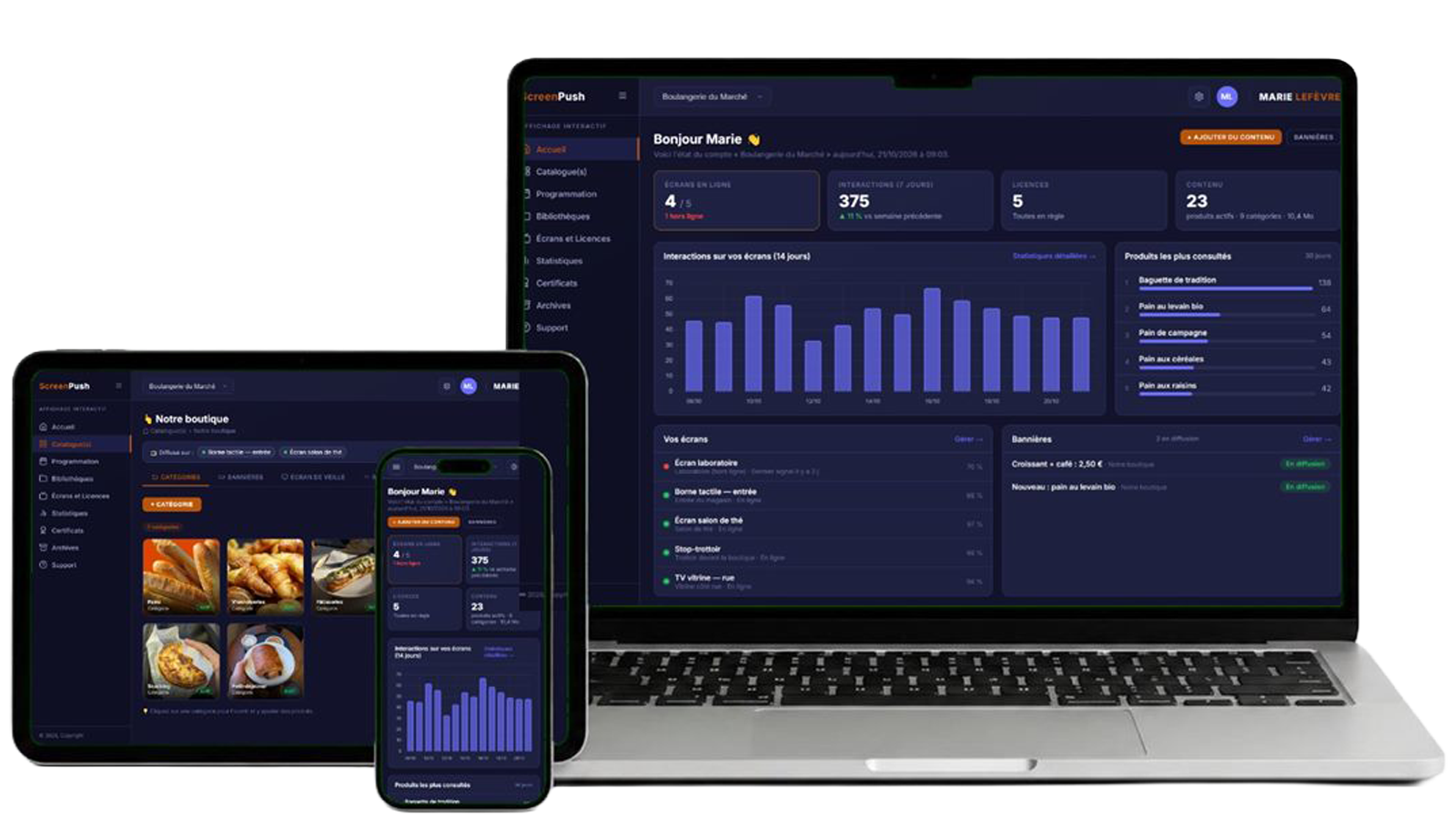 Application ScreenPush sur ordinateur portable, tablette et téléphone