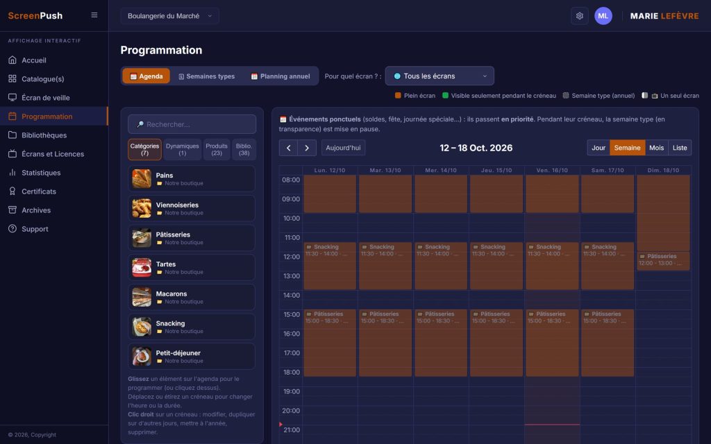 Programmation ScreenPush : semaine type avec créneaux horaires par écran